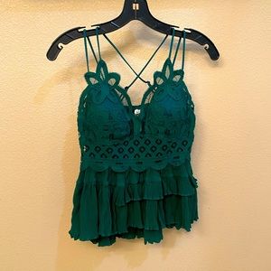 Zenana Boho strappy tank top dark green battenberg lace ruffles gauze beach l m